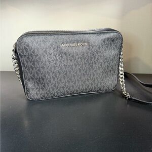Michael Kors Black MK Logo Messenger Bag with Silver Chain